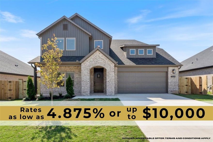 Builder is offering up to $10,000 IN CLOSING COSTS, APPLIANCE PACKAGE OR TOWARDS 2/1 RATE BUY DOWN with an acceptable offer!! Unmatched quality awaits in the "LILY' plan, with the primary bedroom, bathroom, spacious primary closet and second guest bedroom and full bathroom on the main level. The second story features two additional guest bedrooms and full bathroom with additional walk in attic storage. Upgrades include quartz countertops, two-story open entry way, upgraded lighting fixtures, custom cabinets, black stainless steel appliances, gas fireplace, gas range, tiled walk in shower in primary bathroom & luxury vinyl plank floors throughout all bedrooms & common areas. Enjoy standard inclusions such as insulated garages, full home gutters, privacy fence, & 2” blinds throughout. Community pool coming in Phase 2! Under 10 minutes to XNA Airport and under 20 minutes to Downtown Bentonville and New Walmart Campus! Ask your agent about the additional preferred lender credit. NORTH FACING!!
