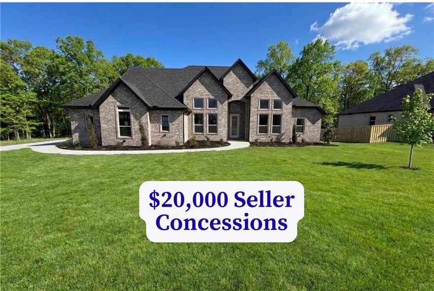 Located in the gated community of The Reserve at Serenity Ridge, The Knighton Plan sits on a spacious 1-acre lot and offers 5 bedrooms (4 on the main level), 3.5 bathrooms, and a dedicated office. The open-concept layout features a stunning kitchen with custom cabinetry, soft-close doors and drawers, quartz countertops, and double ovens—perfect for entertaining. The private primary suite includes a beautifully tiled shower, a stand-alone soaking tub, and a large wrap-around closet. Relax on the covered back patio with a fireplace, TV hookup, and beautiful views.  Taxes are based on land only. Seller is offering $20,000 in concessions plus a $3,000 lender credit with preferred lender.