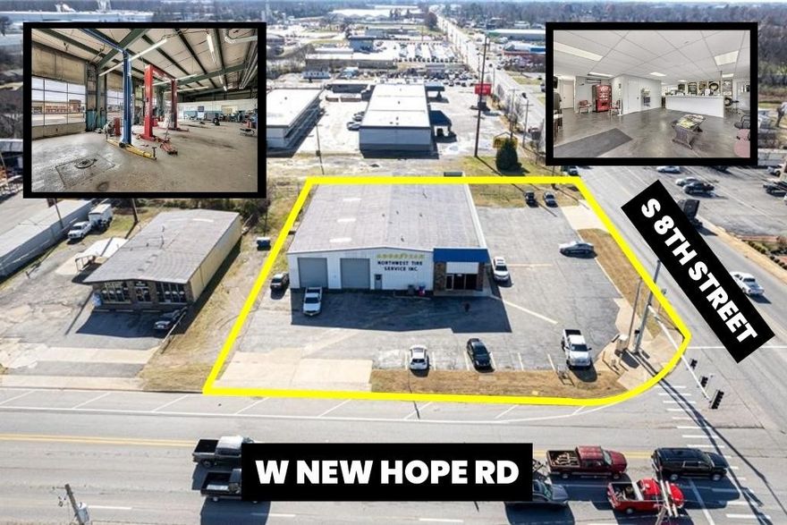 Here's your chance to own 0.80 flat acres on a corner lot in the heart of Rogers! The building currently houses Northwest Tire Service and has multiple overhead truck doors and 2 bathrooms. The lot is located just 3 minutes away from Tyson Distribution Center and only 6 minutes from The Railyard Bike Park. Already-established restaurants, hotels, apartments, and shopping are also nearby. Zoned for C-2, this property has incredible potential. Don't miss out on a great opportunity!