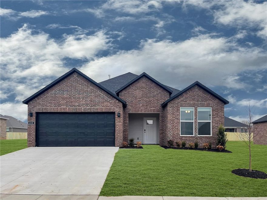 Sold before print! Delightful Denton Plan in Brentwood Village, located in Springdale, close to the C.L. "Charlie" and Willie George Park that consists of walking trails, dog park, splash pad, ball fields, and tennis courts close to the Don Tyson Parkway, near the highly sought-after Don Tyson School of Innovation and other schools. These brand-new homes will be 4-sided Brick! Living room will showcase a beautiful and modern Electric Fireplace with Poplar Mantle. Home will have LVP and Carpet. Kitchen will have 42-inch cabinets, lovely appliances and quartz countertops and tile backsplash. Ceiling fans in Bedroom one and the living room. Primary bedroom has a fabulous ensuite with an oversized walk-in shower and elongated commode. LED lighting throughout. High efficiency AC with programmable thermostat. Come find your dream home today! Taxes and Parcel TBD.