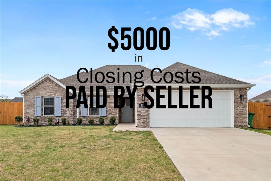 $5000 in flex cash offered by seller on this beautifully designed home with an open-concept living room and kitchen highlighted by luxury vinyl plank flooring throughout the living spaces. The living room has stunning wood beams on the vaulted ceiling, and a wall of windows that fills the space with natural light. The modern kitchen offers granite countertops, crisp white cabinetry, stainless steel appliances with a gas range, a pantry, and a spacious dining area perfect for gatherings. The split floorplan features a private primary suite with trey ceiling and a luxurious ensuite complete with dual vanities, tile shower, soaking tub, and a large walk-in closet. Two additional generously sized bedrooms and another full bathroom provide flexibility for kids, guests or a home office. Step outside to enjoy the fenced backyard perfect for the kids and pets to play and a covered porch, ideal for Mom and Dad to relax or entertain year-round. This is the perfect home for your family. Don't forget the $5000 in flex cash!