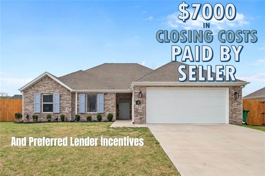 $7000 in closing costs paid by seller on this beautifully designed home with an open-concept highlighted by luxury vinyl plank flooring throughout the living spaces. The living room has stunning wood beams on the vaulted ceiling, and a wall of windows that fills the space with natural light. The modern kitchen offers granite countertops, crisp white cabinetry, stainless steel appliances, including fridge and gas range, pantry, and spacious dining area. The split floorplan features a private primary suite with trey ceiling and a luxurious ensuite complete with dual vanities, tile shower, soaking tub, and TWO walk-in closets, one for her and one for him. Two additional generously sized bedrooms and another full bathroom provide flexibility for kids, guests or a home office. Upgraded laundry room has cabinets and counterspace. Step outside to enjoy the fenced backyard, perfect for entertainment, covered porch to relax under and a shed for storage. The perfect home for your family with $7000 in closing costs paid!