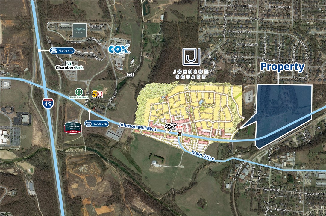 Large tract of land for sale positioned near the commercial and mixed-use development Johnson Square.
Located 1.0 miles from I-49, the property abuts Carley Road which feeds into dense residential neighborhoods to the north and is also within proximity to the Tyson headquarters. The property has a street address in Springdale, but is located within the city limits of Johnson.