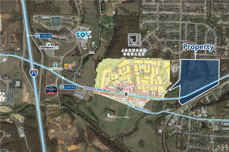 Large tract of land for sale positioned near the commercial and mixed-use development Johnson Square. 
Located 1.0 miles from I-49, the property abuts Carley Road which feeds into dense residential neighborhoods to the north and is also within proximity to the Tyson headquarters. The property has a street address in Springdale, but is located within the city limits of Johnson.