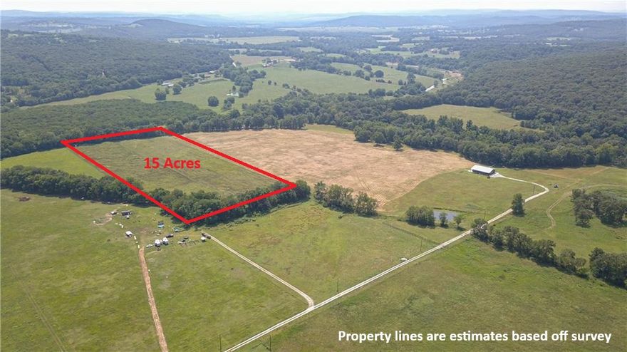 Turnkey 15-acre rural estate property with a stream, creek frontage, and thoughtfully developed improvements designed for immediate enjoyment or future construction.  The land consists of flat pasture with views toward a walnut orchard and Round Mountain ridgelines. The property boundary extends to the center of Richland Creek (tributary of the White River), offering direct access to clear flowing water, fishing, and natural recreation opportunities. Features include a private engineered bridge rated for emergency vehicles, secondary natural rock crossing, underground electric, OzarksGo fiber internet, new 560-foot well, steel carport, four 2-acre rotational grazing paddocks with high-tensile fencing, 12x20 loafing shed with concrete flooring, enclosed storage, and livestock manger. Approved perc and septic plans available. No pesticides or herbicides applied for 3+ years, creating potential for organic use. A new survey will be completed prior to closing as the gravel roadway will convey with the 15-acre tract.