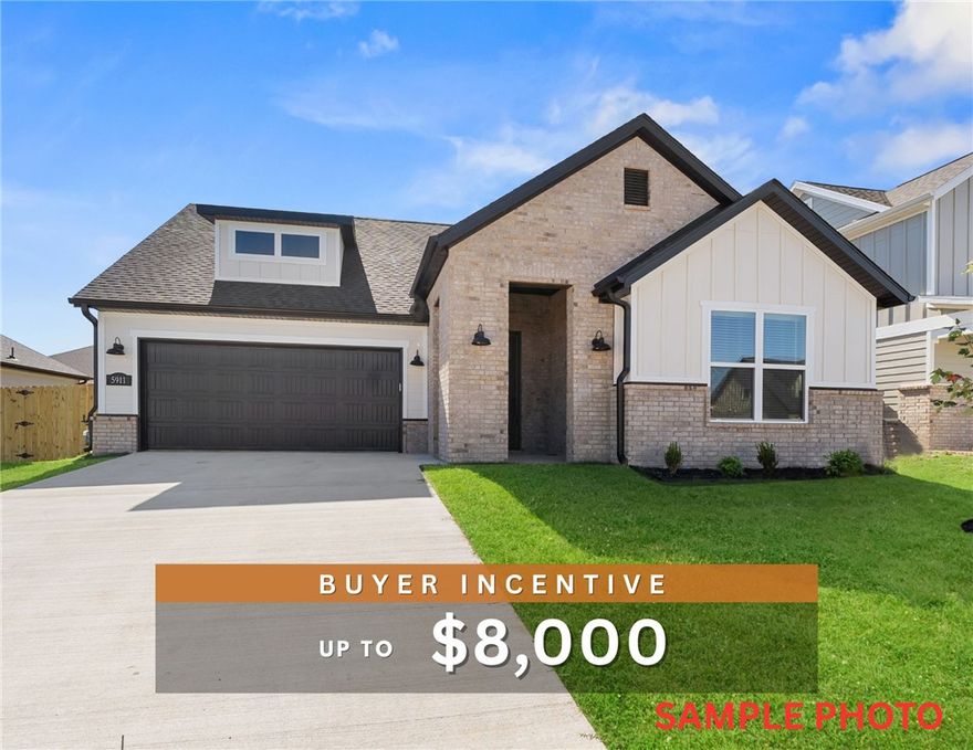 Fence, blinds and gutters included! Discover your dream home in the sought-after Osage Hills neighborhood. Emmet plan with garage on the right and South facing! 9 ft ceilings, linear electric fireplace in the living room, LVP flooring throughout the main living areas and primary bedroom, quartz countertops and more. Chef's kitchen boasting frigidaire stainless steel appliances, gas range, pantry, quartz countertops, bar pull handles and large island, all complemented by gorgeous backsplash. Luxurious primary bedroom features abundant natural light, while the spa-like primary bathroom offers a walk-in shower, tub, double sinks, and spacious walk-in closets. Additional features include a secondary bedroom downstairs, two large bedrooms upstairs and a separate laundry room. Nestled on a generous lot with covered patio that overlooks the serene sodded, fully fenced backyard. Sturdy concrete siding & brick! Model home located at 6008 SW Coywolf St- Lot 122.