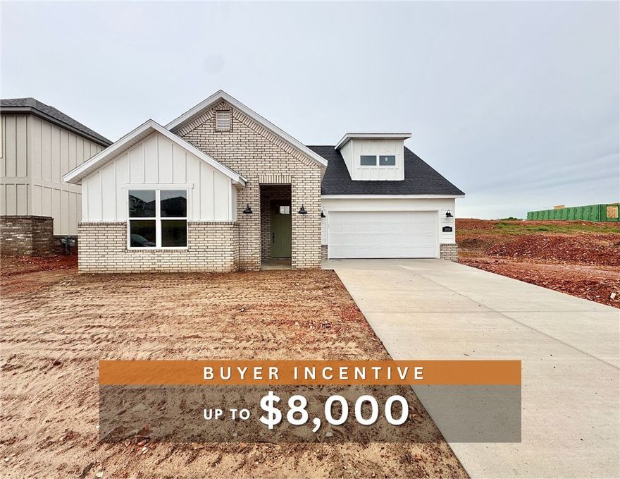 Fence, blinds and gutters included! Discover your dream home in the sought-after Osage Hills neighborhood. Emmet plan with garage on the right and South facing! 9 ft ceilings, linear electric fireplace in the living room, LVP flooring throughout the main living areas and primary bedroom, quartz countertops and more. Chef's kitchen boasting frigidaire stainless steel appliances, gas range, pantry, quartz countertops, bar pull handles and large island, all complemented by gorgeous backsplash. Luxurious primary bedroom features abundant natural light, while the spa-like primary bathroom offers a walk-in shower, tub, double sinks, and spacious walk-in closets. Additional features include a secondary bedroom downstairs, two large bedrooms upstairs and a separate laundry room. Nestled on a generous lot with covered patio that overlooks the serene sodded, fully fenced backyard. Sturdy concrete siding & brick! Model home located at 6008 SW Coywolf St- Lot 122.