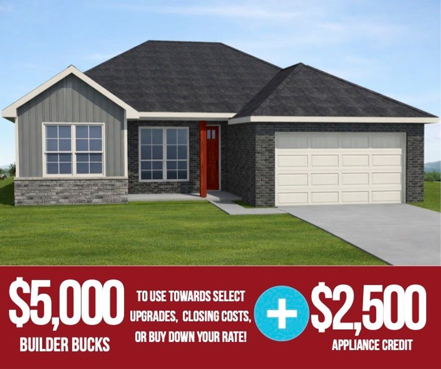 The Sparrow plan is a well-designed 1,660 sq ft single-story home offering 4 bedrooms, 2 bathrooms, and a 2-car garage, ideal for comfortable and functional living. The home features garage depths ranging from 20 to 24 feet, providing ample space for larger vehicles and extra storage, while durable LVP flooring throughout the living room, kitchen, and hallways adds warmth, style, and easy maintenance. Thoughtful details include cabinets installed over toilets for added convenience and beautiful framed mirrors in both bathrooms that enhance the home’s modern appeal. Located in Yorktown Subdivision in Pea Ridge, this community offers a stylish variety of single-family homes designed to suit every lifestyle.For a limited time, Lower your interest rate with $5,000 from the builder + $2,500 appliance allowance + up to 4k in closing costs from select lenders. For a total of up to 11,500K with lender incentives. Fence, blinds, and gutters are all included.