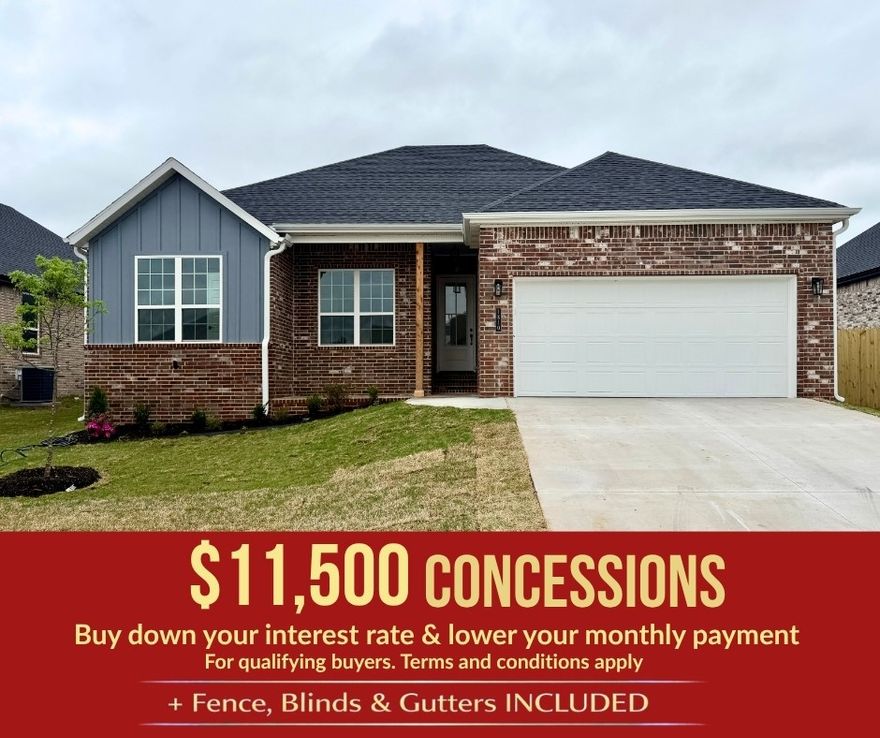 The Sparrow plan is a well-designed 1,660 sq ft single-story home offering 4 bedrooms, 2 bathrooms, and a 2-car garage, ideal for comfortable and functional living. The home features garage depths ranging from 20 to 24 feet, providing ample space for larger vehicles and extra storage, while durable LVP flooring throughout the living room, kitchen, and hallways adds warmth, style, and easy maintenance. Thoughtful details include cabinets installed over toilets for added convenience and beautiful framed mirrors in both bathrooms that enhance the home’s modern appeal. Located in Yorktown Subdivision in Pea Ridge, this community offers a stylish variety of single-family homes designed to suit every lifestyle.For a limited time, Lower your interest rate with $5,000 from the builder + $2,500 appliance allowance + up to 4k in closing costs from select lenders. For a total of up to 11,500K with lender incentives. Fence, blinds, and gutters are all included.