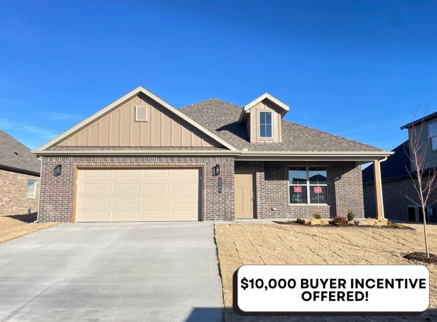 Beautiful New Construction Home in Heritage Ranch Subdivision! This 2,012 SF home has 3 bedrooms, bonus room on 2nd level, spacious open living, abundant storage, and large covered patio. Entry open into the living space, open layout is great for everyday and entertaining, with lots of natural light throughout. Gorgeous LVP flooring throughout the living areas. Living room features a beautiful fireplace feature. The kitchen is the heart of the home with great workspace, counter seating, large pantry, and open to a large dining room. Dining room has access to the covered patio and backyard space. The primary suite is a spacious and relaxing retreat with attached bath featuring a shower, soaking tub, and WIC. Upstairs is a large bonus room, a great second living space, playroom or media room! 2 car garage. Located next to Schools, Aquatic Center, and Parks. Nearby John Brown University and Historic Downtown. Homes contracted now through 12/30 will receive Blinds & Frigidaire Refrigerator at no additional cost!