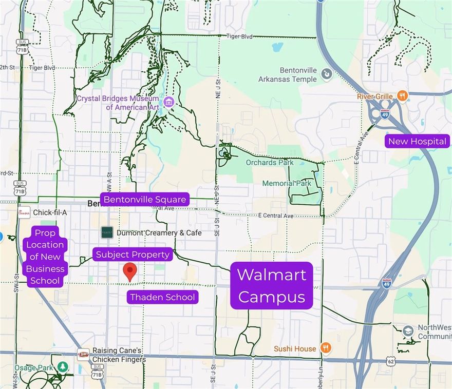 Future Land Use Map shows Corridor Urban. Great location for business, residential or both. Between the Bentonville Square, The Walmart Headquarter Campus and the location for the new Business School (to be located at the old Walmart Home Office).