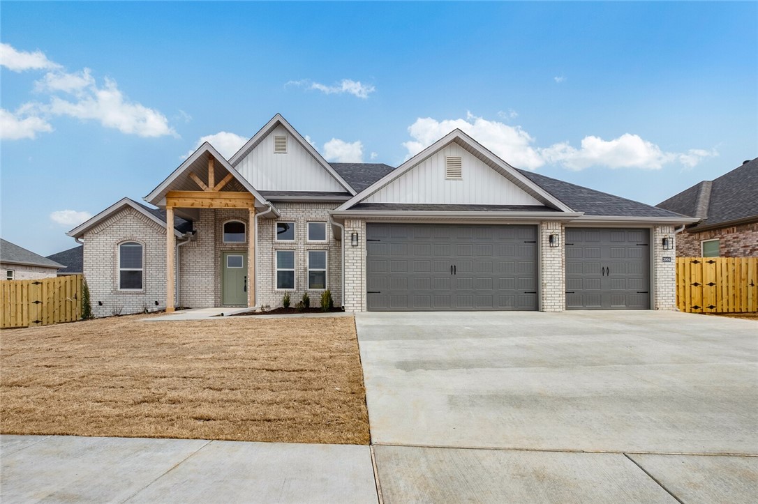 Located just minutes from Bentonville, Rogers, and I-49, this community offers great schools and a prime location. The Polested designed for both style and functionality, featuring an open-concept layout with 4 bedrooms and 2.5 bathrooms. The kitchen is a dream, custom cabinetry, granite countertops, and stainless steel appliances. The living room is warm and inviting with wood floors, a stunning wood beam, and a cozy fireplace. The primary suite is a true retreat, featuring a trayed ceiling and his and her closets. Additional perks include a 3-car garage, fenced yard, gutters, and a covered patio—perfect for outdoor enjoyment. Taxes are based on land only. Seller will pay for $7,500 closing costs with $3000 preferred lender credit or 2/1 buydown with no lender credit. Buyers must use the seller's preferred lender to take advantage of these incentives. The seller will pay up to $7,500 in closing costs with the buyer's lender of choice.
