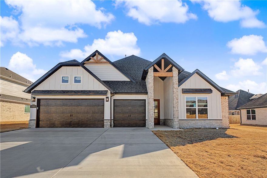 Diamond Estates in Centerton offers close proximity to state-of-the-art schools, medical facilities, Downtown Bentonville, and Walmart’s Home Office. The Sage plan offers a spacious and well-designed two story home offering 2,929 sq ft. This 4 bedroom, 3.5 bathroom layout includes two bedrooms and a bonus room upstairs, while the main level features one secondary bedroom and a private primary suite with direct access to the utility room for added convenience. The open-concept living area flows seamlessly into a thoughtfully designed kitchen, double island, and an expansive walk-in pantry making it a standout space for cooking and gathering. Gorgeous engineered wood flooring and signature wood beams. Large covered back patio, gas fireplace, and a 3 car garage. Walkable to nearby elementary and high school. Preferred lenders will provide up to $5,000 in lenders credits. Builder is offering $2500 towards closing costs! Community offers a pool, basketball court, and playground. Fence, gutters, blinds included.