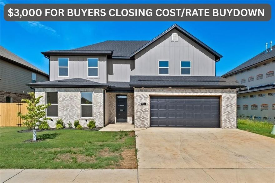 $3,000 SELLER CREDIT TOWARDS BUYERS CLOSING COSTS/PREPAIDS! Find your dream home in one of NWA’s most exciting new communities—Paradise Park! Nestled between Bentonville Schools, Gamble Elementary, Bentonville West High, Kinyon Sports Complex, the future Centerton Community Center, and just minutes from the interstate, this home has so much to offer. This beautiful East-facing home features modern design and everyday luxuries. Step inside to an elegant foyer, unique finishes, and luxury vinyl flooring throughout the main level. A sleek fireplace wall with beautiful millwork adds a bold focal point. The gourmet kitchen features custom cabinetry, quartz counters, a spacious pantry, and energy star appliances. Spa-like baths boast floor-to-ceiling tiled showers, designer lighting, and a soft neutral palette. The smart layout includes a main-level primary and guest suite, with two bedrooms, a full bath, and a theater/game room upstairs. Covered patio with gas hookup and fenced yard complete the package. Welcome home!