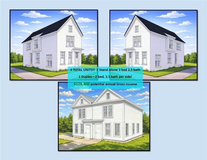 STUNNING BRAND NEW HOMES BEING BUILT IN AN OPPORTUNITY ZONE!!   Property includes 2 single family homes in the front with 1 duplex in the back.  Total of 4 units!  Potential gross annual income of $128,400.   Seller can assist with finding tenants if desired.   Estimated completion date of mid July.   The two single family homes are 1716 sq ft each and 3 bedroom, 2.5 bath.  The Duplex is 2 bedroom, 2.5 bath per side (4 bedroom, 5 bath. 2520 sq ft total).   Each unit will include high end finishes such as: beautiful hardwood floors, tile accents in the bathrooms, 3cm quartz countertops, custom built cabinets to the ceiling, gas range, large kitchen island, ample windows for an abundance of natural light,  fridge, washer, dryer, and so much more!  Pictures are of similar properties with the same layout.  Some finishes and features may vary.