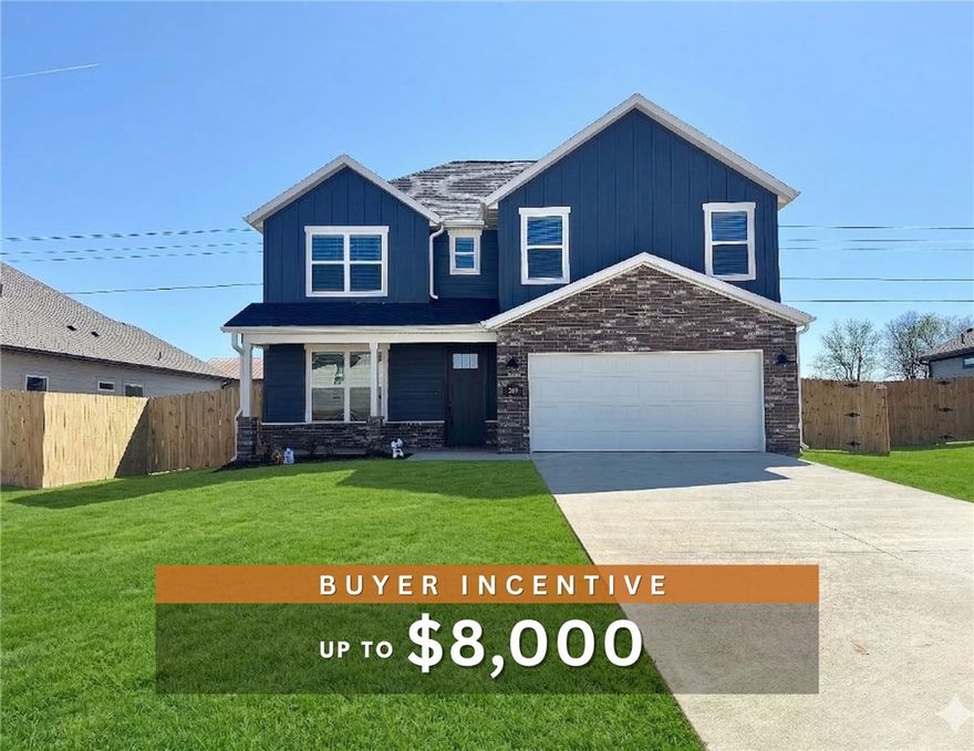 Fence, blinds and gutters included! Discover your dream home in the new neighborhood- Jacob's Crossing. Powell B plan with garage on the right and North facing! 9 ft ceilings, linear electric fireplace, LVP flooring throughout the main living areas and primary bedroom, quartz countertops and more. Chef's kitchen boasting frigidaire stainless steel appliances, gas range, pantry, quartz countertops, bar pull handles, tons of counter space and gorgeous backsplash. Luxurious primary bedroom features abundant natural light, while the spa-like primary bathroom offers a walk-in shower, tub, double sinks, and spacious walk-in closets. Additional features include a loft area, two large secondary bedrooms upstairs and a functional laundry room. Nestled on a generous lot with covered patio that overlooks the serene sodded, fully fenced backyard. Sturdy concrete siding and brick! Model home located at 3631 Tranquility St- Lot 1.