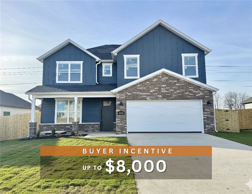 Fence, blinds and gutters included! Discover your dream home in the new neighborhood- Jacob's Crossing. Powell B plan with garage on the right and North facing! 9 ft ceilings, linear electric fireplace, LVP flooring throughout the main living areas and primary bedroom, quartz countertops and more. Chef's kitchen boasting frigidaire stainless steel appliances, gas range, pantry, quartz countertops, bar pull handles, tons of counter space and gorgeous backsplash. Luxurious primary bedroom features abundant natural light, while the spa-like primary bathroom offers a walk-in shower, tub, double sinks, and spacious walk-in closets. Additional features include a loft area, two large secondary bedrooms upstairs and a functional laundry room. Nestled on a generous lot with covered patio that overlooks the serene sodded, fully fenced backyard. Sturdy concrete siding and brick! Model home located at 3631 Tranquility St- Lot 1.