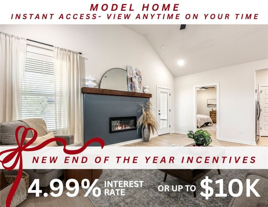 MODEL HOME that perfectly showcases the style, quality, and luxurious features you can expect in your dream home. Fence, blinds and gutters included! Discover your dream home in the new neighborhood- Jacob's Crossing. Caden plan with 1 level, garage on the right & West facing! 13 ft ceilings in the living and dining, linear electric fireplace, LVP flooring throughout the main living areas & primary bedroom, quartz countertops & more. Chef's kitchen boasting frigidaire stainless steel appliances, gas range, pantry, quartz countertops, bar pull handles, large island & gorgeous backsplash. Luxurious primary bedroom features abundant natural light, while the spa-like primary bathroom offers a walk-in shower, double sinks, tub & spacious walk-in closets. Additional features include two large secondary bedrooms & a functional laundry room. Nestled on a generous lot with covered patio that overlooks the sodded, fully fenced backyard. Sturdy concrete siding and brick!