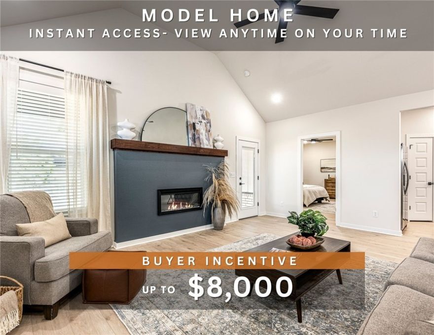 MODEL HOME that perfectly showcases the style, quality, and luxurious features you can expect in your dream home. Fence, blinds and gutters included! Discover your dream home in the new neighborhood- Jacob's Crossing. Caden plan with 1 level, garage on the right & West facing! 13 ft ceilings in the living and dining, linear electric fireplace, LVP flooring throughout the main living areas & primary bedroom, quartz countertops & more. Chef's kitchen boasting frigidaire stainless steel appliances, gas range, pantry, quartz countertops, bar pull handles, large island & gorgeous backsplash. Luxurious primary bedroom features abundant natural light, while the spa-like primary bathroom offers a walk-in shower, double sinks, tub & spacious walk-in closets. Additional features include two large secondary bedrooms & a functional laundry room. Nestled on a generous lot with covered patio that overlooks the sodded, fully fenced backyard. Sturdy concrete siding and brick!