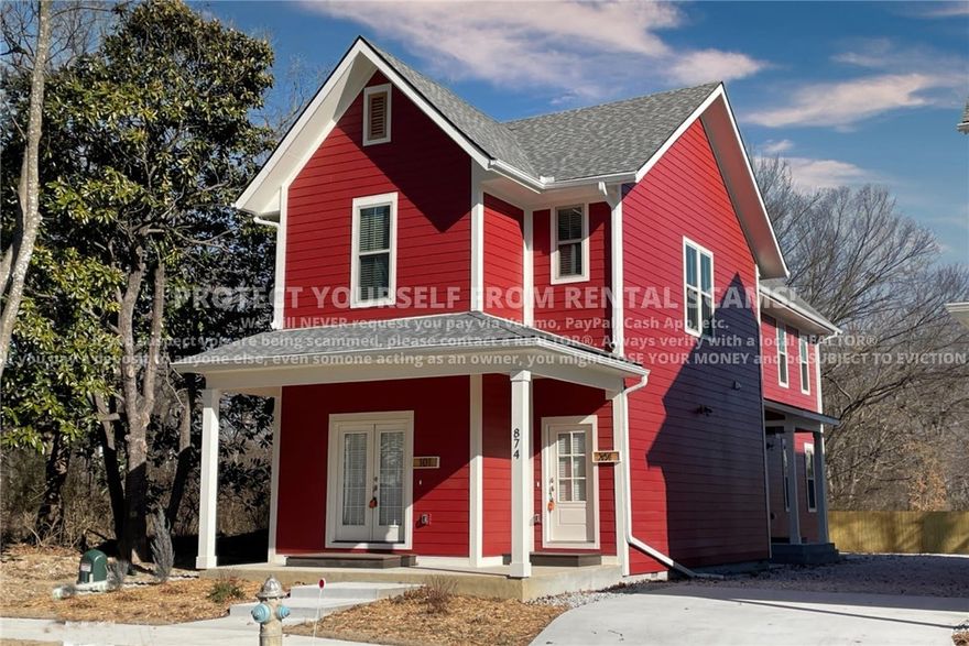 COMING SOON! Available approx. 6/11/26! Don't miss out on this charming 2 bedroom, 1 1/2 bathroom duplex is close to trails, eateries, shopping, and the University of Arkansas. Head into this ground level unit through the French doors and into the open concept living room & kitchen featuring a quartz breakfast bar, double sink, ample modern cabinets, and stainless steel appliances. High ceilings and LVP flooring throughout the living area accentuate the modern vibe. Check out the spacious bedrooms with carpeting, ceiling fans, and roomy closets. Flow over to the primary bathroom with quartz countertops, walk-in shower, and on-demand water heater. Washer and dryer are included, along with private off-street parking at no additional cost. *Small pets only. Pets negotiable. *Available date may change. Property is tenant occupied - do not disturb the tenant.  **Tenant is responsible for all utilities