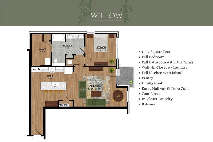 The Willow floor plan is the perfect place to call your own. 
As the largest of our one bedroom offerings, this plan features a larger bathroom and closet with an open concept living area. This comfortable and stylish home is truly a place to thrive.

Medlin Park offers exceptional on-site amenities: a clubhouse with café area, refreshing pool, dog park, scenic fishing pond, and pickleball courts. Ideally located in southeast Bentonville, with easy access from I-49, residents have direct access to the Greenway for walking & biking. Close to major employers like Northwest Medical and the new Walmart campus, as well as nearby attractions like Horsebarn Park, The Momentary, and downtown shopping and dining. Medlin Park combines convenience and lifestyle in a vibrant community!