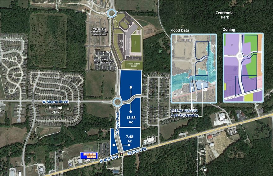 One of two land parcels totaling +/- 21.06 acres for sale at 4090 W MLK Blvd in Fayetteville, AR. Other parcel # is 765-29594-000. Nearby developments include multiple residential lots, proposed mixed-use development, and future middle school campus, all within a short drive. The property is minutes from Fayetteville entertainment, with the University of Arkansas campus and stadiums nearby. Location provides great convenience, with traffic light access and frontage on W MLK Blvd, boasting 42,000 cars per day.
