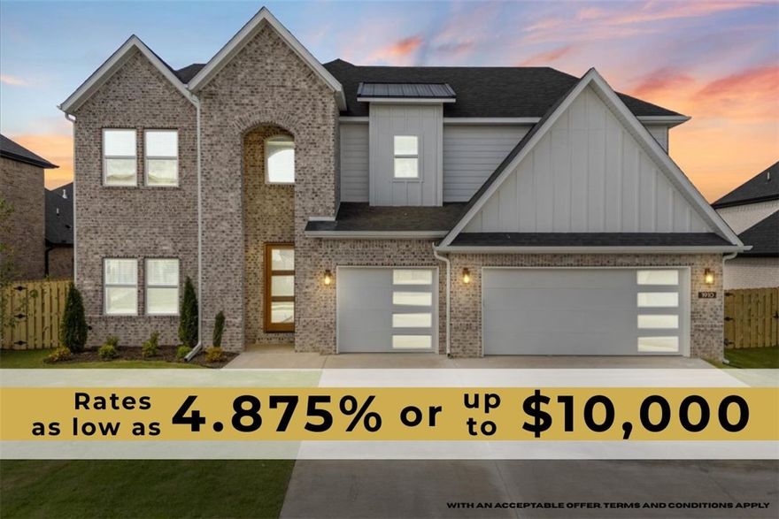 Builder is offering up to $10,000 IN CLOSING COSTS, APPLIANCE PACKAGE OR TOWARDS 2/1 RATE BUYDOWN with an acceptable offer!! Discover your dream home in the highly sought-after Silver Leaf Estates! This beautiful "Victoria" floor plan offers 4 spacious bedrooms & 3 modern bathrooms, all just 15 minutes from downtown Bentonville & the new Walmart Home Office. Enjoy convenient access to XNA Airport, located less than 10 minutes away. The heart of the home features upgraded lighting, elegant quartz countertops, soft close custom cabinets, a large kitchen island, & stainless steel appliances, including a gas cooktop. Engineered wood flooring flows throughout the common areas & primary bedroom, adding warmth & style. Cozy up by the floor to ceiling fireplace in the living room or spend your evenings on the covered back patio with outdoor gas fireplace. Set in a vibrant community, residents will enjoy future amenities including a serene pond with walking trails, a clubhouse, & a refreshing pool in phase 2. SOUTH FACING!