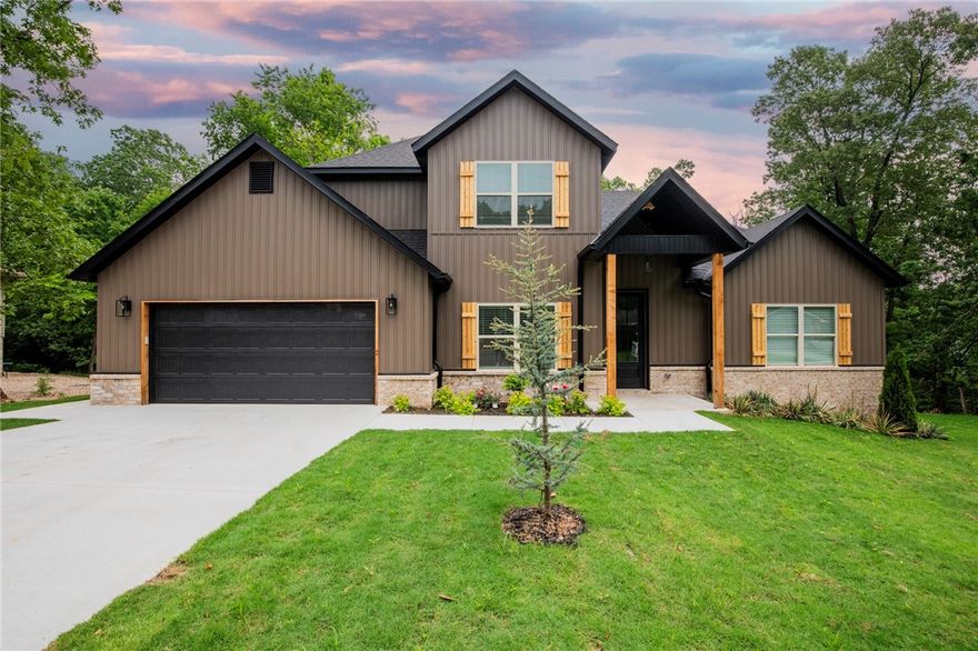 Brand New Bella Vista Home! 2 bed + OFFICE/2.5 bath home in desirable location less than 3 miles to I-49 highway. Very close to Highlands Golf Course & Pub + Branchwood recreation center. Open concept/split bedroom floor-plan boasts lots of natural light with high end quality finishes featuring lvp flooring in living area/kitchen, quartz countertops, vaulted ceiling w/beams in master bedroom, built in stainless steel appliances, mud-room, eat-in kitchen, and covered deck in back for entertaining. Spacious master suite has whirpool tub with double vanity, walk-in custom tile shower with frameless shower door in master bath. Custom landscape package. Generac transfer switch already installed. ($1k value). $0 down payment. 100% financing. Rural development loan eligible. Blinds and gutters included in purchase price.