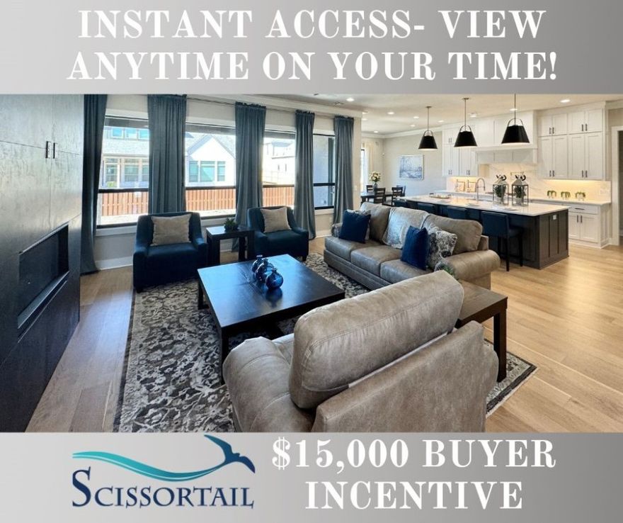 $15,000 PAID- $12,000 from Seller and $3,000 preferred Lender credit to Buyer. New construction modern home with gorgeous exterior in the sought after gated community of Scissortail. Enjoy the stunning living room with engineered wood flooring, crown molding, tiled linear fireplace, tons of light streaming through ample amount of windows and open floorplan. Kitchen features large island with accent paint color, quartz countertops, stainless steel appliances, gas range, cabinets to the ceiling, double ovens, luxury lighting, hidden walk in pantry, pot filler and storage! Spacious, private master bedroom with engineered wood flooring, accent wall and luxurious master bathroom. Master bath with double sinks, storage, oversize walk-in tile shower with rain head, soaking tub and walk in closet. Secondary bedroom and study on the main level and upstairs features two large bedrooms and large bonus room. Huge covered patio with landscaping, sod and fully fenced backyard.