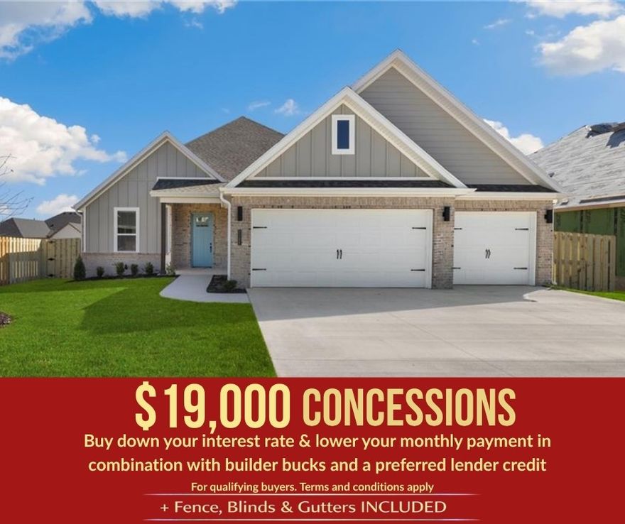 Receive 15K in builder bucks and up to 4K from select lenders.Welcome to the Poplar floor plan in the welcoming community of Concord in Pea Ridge, AR— this thoughtfully designed two-story home features the perfect blend of space, comfort, and functionality.Step inside through the impressive 8-foot front door, setting the tone for the elevated details found throughout. The main living area and primary bedroom boast 10-foot ceilings.The kitchen combines modern style with practical design, featuring stainless steel appliances, a composite granite sink for durability and elegance, and a convenient countertop push-button garbage disposal for a sleek, updated touch. Located in the heart of Concord, you’ll enjoy a peaceful neighborhood setting with quick access to everything Pea Ridge has to offer.