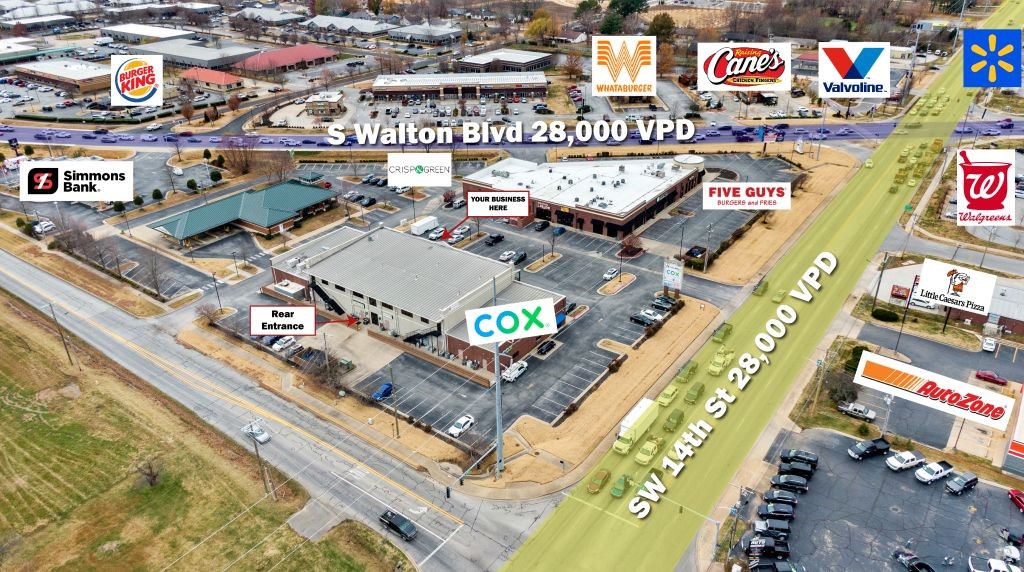 This is your opportunity to capture one of the top retail / office spaces remaining in the entire Northwest Arkansas Retail Marketplace! Located in the heart of Bentonville, this fantastic suite is situated on the busiest intersection in town, the intersection of 14th Street & S. Walton Boulevard, which is traveled by almost 50,000 VPD! This unique and highly versatile location boasts unparalleled visibility and is perfectly positioned to provide access to the Walmart Home Office community, Downtown Bentonville, incredibly high-volume pedestrian walking & bike traffic, and high-density regional traffic along 14th Street and Walton Blvd. This rare offering is near move-in-ready for your business and would be a perfect spot for an office or other showcase retail location! Crossroads Plaza features ample parking, multiple points of easy ingress & egress, and other popular area businesses! $195 monthly water/trash service fee. Act now as you may never find a location nearly as good as this one!