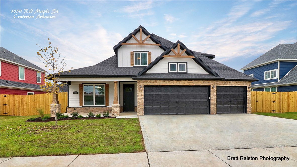 Welcome home to Maple Estates. Located next to Bentonville West High School this home has all the craftsman design and style you love. 4 bedrooms, office, large breakfast area and huge pantry, designer lights and tiles, GE appliances, farmhouse sink, freestanding soaker, led lights, fully tiled master shower, front irrigation, full sod, full fence, blinds, gutters, central vac, james hardy siding, large patio, and outdoor fire place, all in a community you'll love.