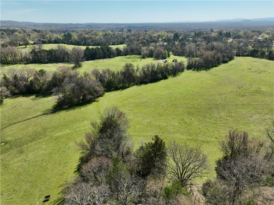 78± acres in Franklin County near Altus, Arkansas, featuring gated access, highway and county road frontage, pasture and timber mix, pond, and fenced boundary. Utilities are available along the road with multiple potential build sites. Suitable for livestock, recreation, or residential use.