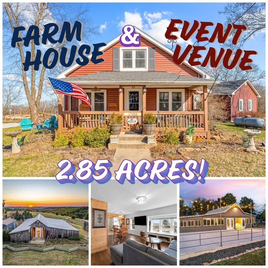 Farmhouse & Turnkey Event Venue on 2.85 Unrestricted Acres in Omaha, AR! Rare opportunity to own a charming farmhouse with a large barn-style event venue on 2.85 unrestricted acres in Omaha, Arkansas. With no restrictions, this property offers endless possibilities for residential use, commercial events, short-term rentals, or mixed-use development. The farmhouse provides comfortable country living, while the impressive event venue features an open, versatile layout ideal for weddings, receptions, corporate events, retreats, and private gatherings. This property offers excellent investment potential with the growing demand for rural wedding and event destinations in the Ozarks. Ample space for outdoor ceremonies, parking, and future expansion makes this a prime opportunity for an owner-operator or investor. Conveniently located near Branson, Table Rock Lake, Top of the Rock, and Thunder Ridge Nature Arena, this property combines lifestyle appeal with strong revenue potential.