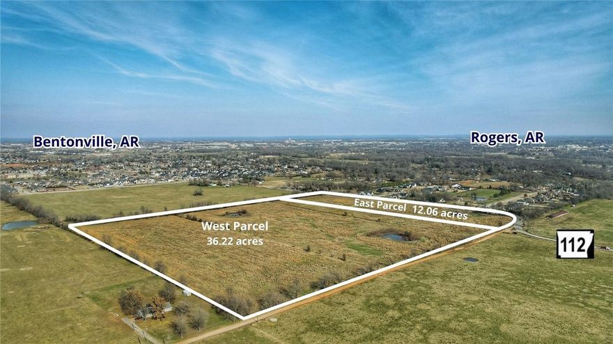 New to Market 48ac with approved plans for 322 unit Built To Rent community or R-3 zoned land in Bentonville suitable for Single Family/Townhome/ Multifamily development. The HWY 112 widening/improvement project creates frontage on two sides of this property.  Rapidly growing high income area of Northwest Arkansas 5 miles from the new Walmart Home Office campus.
- Approved plans have secured sewer capacity for this property, water line on site.
- Currently R-3 zoned in Bentonville which allows single family, townhomes and multifamily.
- Plan Bentonville zoning (new zoning code) most likely will be adopted in 2026 which would allow a mix of residential and commercial.  Projected to be T4.2 zoning in the new code.
- Close proximity to Pinnacle area/Rogers, XNA and Bentonville
- All due diligence materials available allowing a buyer to compress their timeline.
- Sellers will consider an offer on all 48 acres or just the western 36 acres.
- Flat topography no floodplain
- 9100 Vehicles per day on HWY 112