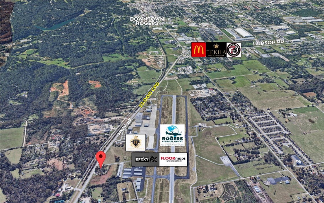 Industrial acreage for sale next door to Rogers Executive Airport. 335' of frontage on Hudson. Well and Septic on site. Level corner lot with 275' of frontage along Happy Trails. 3 miles to downtown Rogers. 5
miles to I-49 and under 8 miles to the new Wal-Mart Global Campus and downtown Bentonville.