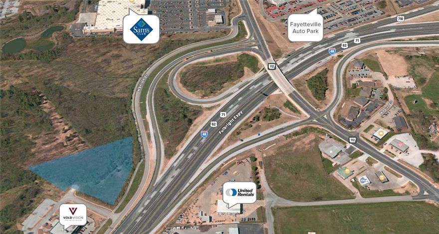 Interstate 49 visibility near Sam’s Club, the University of Arkansas, and the Northwest Arkansas Mall. This is located in a commercial planned zoning district (CPZD).