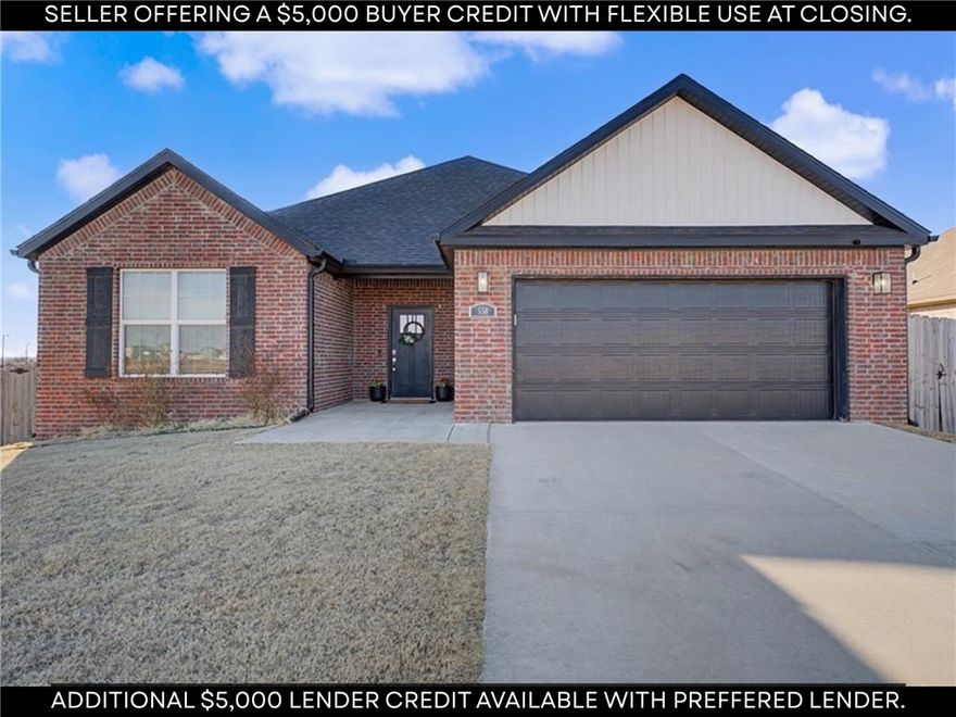 With a combined $10,000 in incentives available through a $5,000 preferred lender credit and $5,000 seller credit, buyers have flexibility to cover ALL closing costs, buy down their interest rate, or structure the savings to best support their purchase. Located in Blossom Hills in Centerton, this one owner home offers 4 bedrooms, 2.5 baths and over 2,100 square feet with a thoughtfully designed split layout that balances privacy and open living. The kitchen features granite countertops, custom cabinetry and generous pantry storage, flowing into the main living area with wood look tile flooring and a gas log fireplace. The primary suite includes a walk in closet, tile shower and soaking tub. Positioned on a corner lot with a covered back patio and fenced yard. Solar panels enhance energy efficiency and long term value. Convenient to Hwy 102 with easy access to Bentonville schools, parks, shopping and dining. Come check this one out!