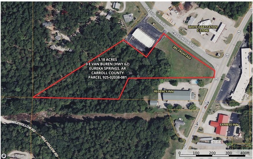 Prime development tract at corner of high traffic Hwy 62 (E Van Buren) and Passion Play Rd. Located in Historic Eureka Springs, AR, a historically popular tourist and recreational destination. Zoned C-2 Contemporary which allows a wide variety of commercial, hospitality and residential uses. All city utilities available. High visibility, easy access on high traffic corridor heading to Berryville, AR, the gateway to popular destinations of Branson and North Central AR.
Total land area comprised of an original 4.42 acre portion then expanded by .65 acres resulting in 5.18 acres total, MOL.
