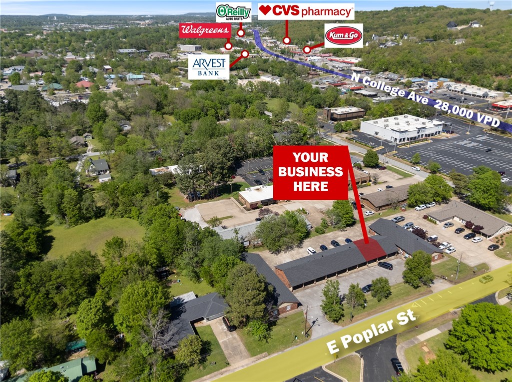 +/- 950 SF of office space available just one minute from N College Ave in Fayetteville. This space
features a large reception/waiting area, two private offices, a kitchen, one private restroom, and two storage closets (one large and one small). Conveniently located across the street from Woodland Junior High School, the property is approx. 2.2 miles from the University of Arkansas, 3.5 miles from I-49, and just 1 mile from Walgreens, CVS, Kum & Go Gas Station, and Arvest Bank. This location offers excellent
accessibility and visibility, making it ideal for a variety of professional office uses. Offered on a modified
gross lease, tenant is responsible for electric and gas in their own name and $150/mo for water and
trash services.