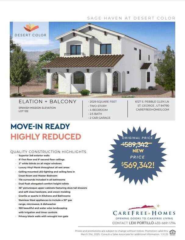 *Current Pricing Promotion is: $569,342!*  This stunning new construction home is the Elation SM + Balcony Floorplan and crafted by CareFree Homes - Southern Utah's trusted builder. CareFree delivers service that exceeds our home buyers expectations before, during and after the sale! Located with easy access to major highways and just minutes from exciting new commercial developments. This home is ideally situated for both work and play and includes 2x6 construction, 2'' faux wood blinds, epoxy garage floors, fully landscaped including turf, soft close drawers. Promotion is subject to change at any time. Nestled within a vibrant and growing community, you'll enjoy a wealth of amenities right at your doorstep, including a state-of-the-art lagoon and all year long heated pool with several pickleball courts, perfect for outdoor fun and relaxation with family, friends and neighbors. Call today for a showing or for more information about Southern Utah's unique community, Desert Color.