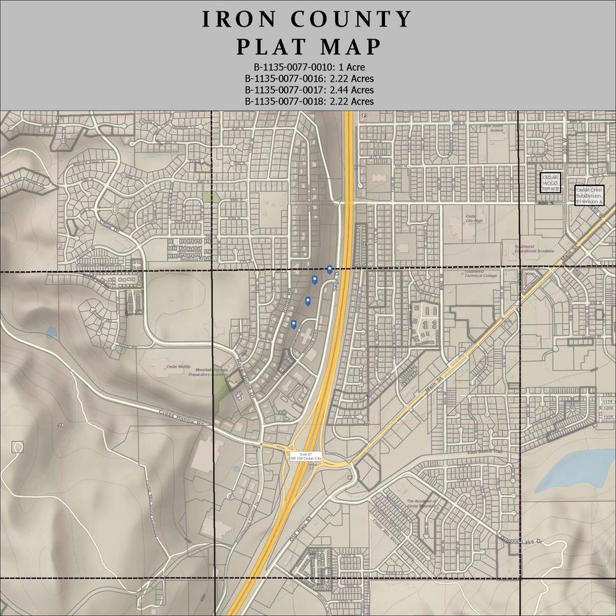 High Density Residential- 24 units per acre, I-15 visibility, close to SUU and Providence Center retail and restaurant hub, Buyer to pay and SID's applicable to the property.
Purchase includes 4 lots and all lots must be purchased together.
B-1135-0077-0010
B-1135-0077-0016
B-1135-0077-0017
B-1135-0077-0018
Property Taxes reference on this listing is for all four parcels combined.