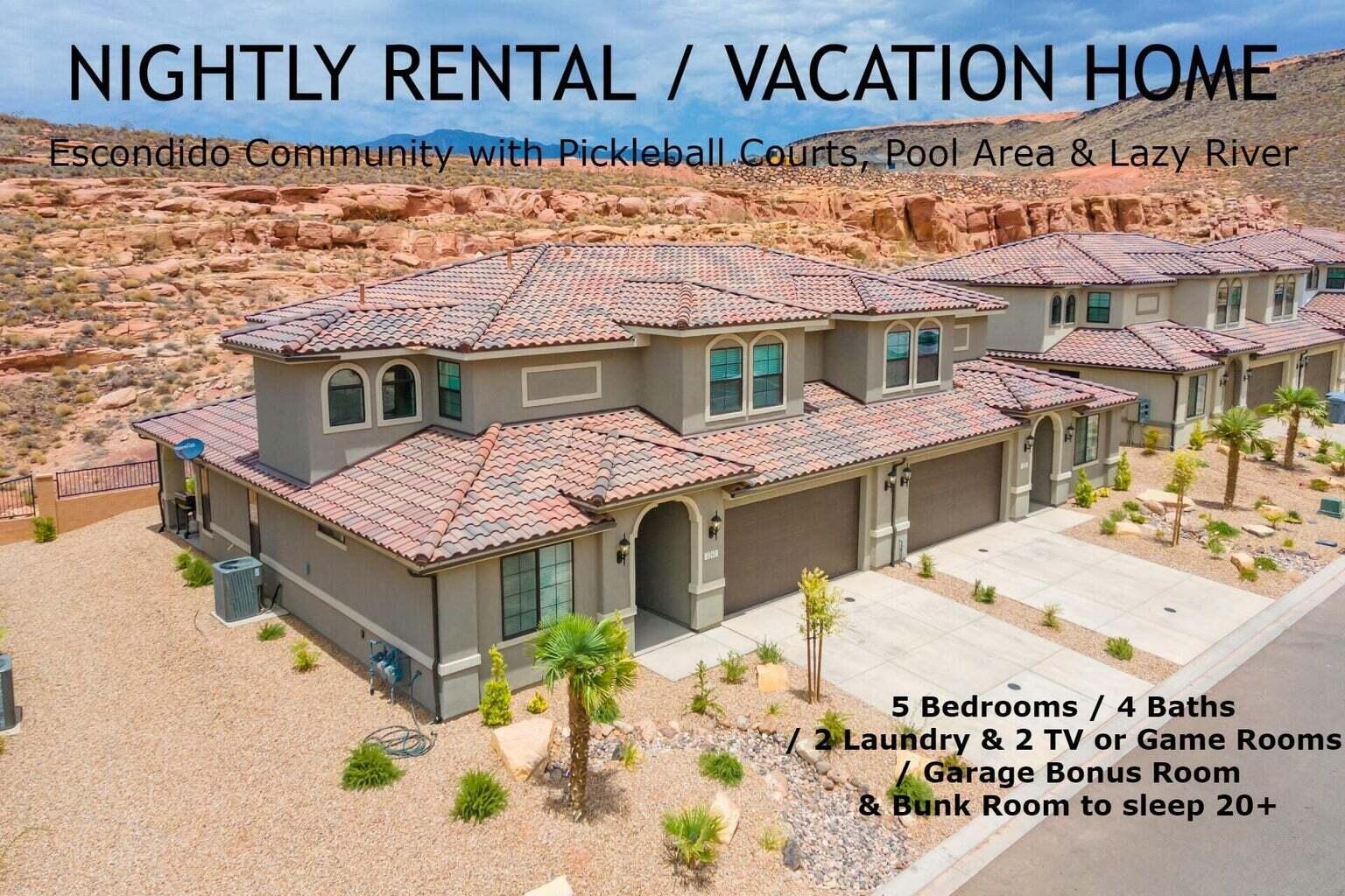 This STUNNING VACATION RENTAL comes FULLY LOADED & is located right off the I-15 Freeway conveniently nestled between STG & HURRICANE. This NIGHTLY RENTAL upgrades includes: 2nd Family Room/ Game Room, 8 Smart TV's, Video Game Consoles, huge BUNK ROOM, extra insulation between walls & 2nd floor to reduce any noise, and 2nd Laundry. The very functional open concept GREAT-ROOM with a split floor plan for privacy. The modern style KITCHEN has a HUGE ISLAND w/ QUARTZ countertops with tile BACKSPLASH, Stainless Appliances & Pantry.  ALL NEUTRAL paint throughout, gorgeous LVP WOOD PLANK FLOORS, High Ceiling and many WINDOWS to capture the bright open spaces.  The Primary suite comes w/ WALK-IN CLOSET, WALK-IN shower, DUAL SINKS, and STONE countertops. The MAIN LEVEL has 2 full Beds/Baths w/ Laundry Closet and the 2ND LEVEL has 3 Beds/2Baths w/ Laundry Room. Home will comfortably accommodate 20 guests, with sleeping arrangements for 23. The 2nd Level Family Room is set up as a game room & own TV. Hang out in the temperature-controlled garage equipped with a 75" TV, ping pong table, e-scooters and EV charger. Full Furniture Package included. The current amenities include a water park with lazy river, water slide and splash pad. Also included are PICKLEBALL Courts and RV Parking.  Close to Sand Hollow, Coral Canyon Golf Course, Dunes, Parks, Riding Trails, ZION and all that comes with SO UTAH.