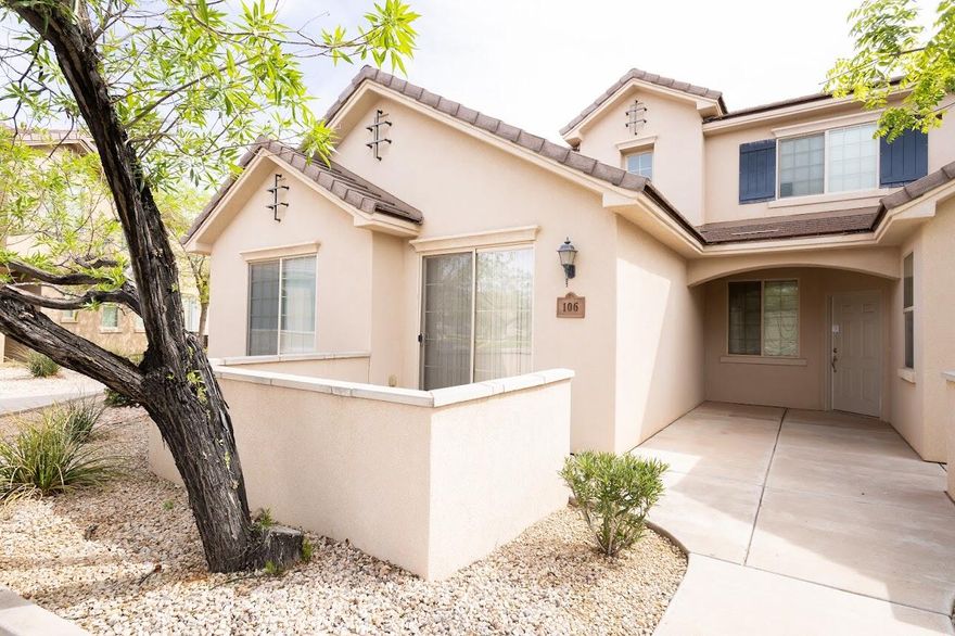 Welcome to this beautifully designed 3-bedroom, 2.5-bath end-unit townhome filled with natural light and coveted end unit and 2 car garage. This home has barley been used and in awesome condition. The open-concept main floor creates a welcoming space for both everyday living and entertaining, featuring spacious living and dining areas, a kitchen with plenty of storage, and a convenient guest half bath. Discover comfort and convenience in this beautifully maintained end-unit townhome, ideally located near top-rated schools--Bloomington Hills Elementary, Desert Hills Jr. High, and Desert Hills High School. With quick freeway access and an abundance of nearby shopping, dining, and entertainment, this home offers the best of both lifestyle and location. Just minutes from the highly sought-after Hidden Valley Park and steps from a refreshing community pool, outdoor enjoyment is right at your doorstep. Inside, the spacious layout features a main-level primary suite for added privacy and ease. Upstairs, two additional bedrooms each offer ensuite bathrooms, perfect for guests or family.