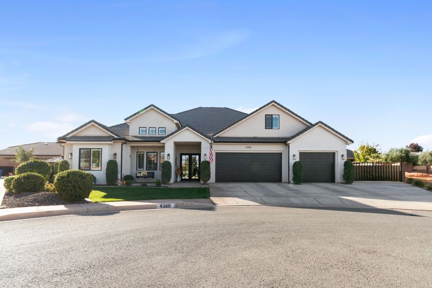 This stunning custom home is immaculate inside and out! Step through the wide entryway into a bright, open living area with 20-foot vaulted ceilings and a gorgeous floor-to-ceiling brick fireplace. It also features 10-foot ceilings throughout the home and 20-foot ceiling in the office. The chef's kitchen features double gas ovens, a butler's pantry, quartz countertops, and custom cabinetry that extends to the ceiling. The family room includes built-in lighted shelves, storage cabinets and surround sound—perfect for movie nights. The primary suite offers a spa-like bathroom with a soaking tub, separate shower, and spacious walk-in closet. Upstairs, a private guest bedroom with a full bath is ideal for visitors or older kids. Enjoy plantation shutters and quartz finishes throughout, plus an entertainer's backyard with a sparkling 35' x 25' pool, pergola-covered hot tub, gazebo, and grassy play area. The extended garage has ample built-in cabinets and the RV parking is equipped with a 220 outlet and sewer dump. This home combines comfort, style, and spaceperfect for making family memories! Square footage figures are provided as a courtesy estimate only and were obtained from county records. Buyer is advised to obtain an independent measurement and verify all.