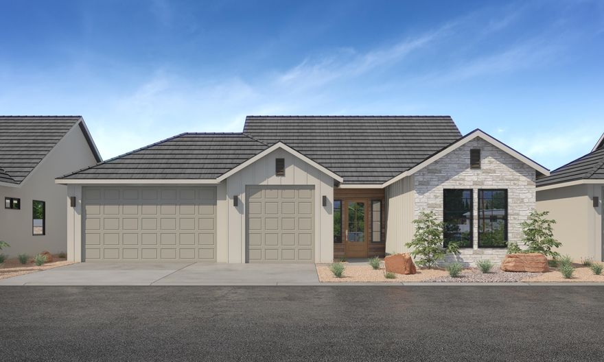 This is the Hamlet Floorplan under construction. Home has over $76k in design upgrades and fully landscaped in SunRiver's newest 55+ Active Adult community with the 1st phase of amenities breaking ground November 2025 and ready for use late 2026. No HOA payments for 2 years after closing for Founders Club (First 74 closings). Located west of Toquerville, with views of mountains in every direction. With over 1,200 homes planned it will be the perfect size, not too big, not too small.