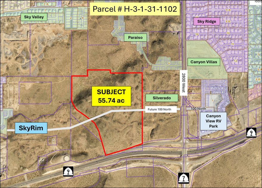 Very high exposure 55.74 acres of retail ground near the new intersection of SR-9 and SR-7 in Hurricane.  Located half a mile from Walmart and one mile from Sand Hollow Road.  Across SR-9 is the location of the new Hurricane Landing Retail Center and the new Zion Regional Hospital.  SR-7 is the new state highway that begins at Exit 2 connects to the St. George airport and Sand Hollow Reservoir and intersects with SR-9 at 2800 West.  AADT for SR-9 is 44,000 cars per day.  SR-9 is the gateway to Zion National Park and connects to SR-59 the road to the Grand Canyon National Park.  The parcel is located between two popular water recreational areas of Quail Creek State Park and Sand Hollow State Park.  West Hurricane area has witnessed explosive residential growth with many new residential developments under construction and completed.  Hurricane City will look at commercial zoning on this parcel and/or a combination of commercial and residential developments.