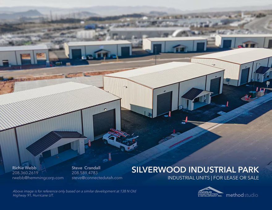 Building 3 is now available (to be built)! Silverwood Industrial Park offers 20 brand-new industrial units for lease or sale along Old Highway 91 in the Leeds/Hurricane industrial corridor -- one of the most active distribution and logistics zones in Southern Utah. Units are available in 5,000 SF and 10,000 SF configurations on lots ranging from 0.37 to 0.62+ acres, with M-1 zoning suited to a wide range of industrial users.
Select units enjoy prime I-15 frontage - offering exceptional visibility and a built-in advertising advantage for your business. Every unit is fully climate-controlled throughout and includes a mezzanine level ideal for additional storage or conversion into a second office or conference space. Buyers also have the option to add a loading dock at an additional cost. Each unit features 1-3 phase power, two bathrooms, a 24' × 12' private office, insulated overhead doors, and a fully landscaped and fenced yard - with no CAM fees. Built in 2026 with immediate I-15 and SR-9 access. Neighboring tenants include Walmart Distribution, FedEx Ground, and Orgill.
These units are first-come, first-served - don't wait.