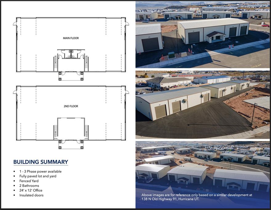 Building 3 is now available (to be built)! Silverwood Industrial Park offers 20 brand-new industrial units for lease or sale along Old Highway 91 in the Leeds/Hurricane industrial corridor -- one of the most active distribution and logistics zones in Southern Utah. Units are available in 5,000 SF and 10,000 SF configurations on lots ranging from 0.37 to 0.62+ acres, with M-1 zoning suited to a wide range of industrial users.
Select units enjoy prime I-15 frontage - offering exceptional visibility and a built-in advertising advantage for your business. Every unit is fully climate-controlled throughout and includes a mezzanine level ideal for additional storage or conversion into a second office or conference space. Buyers also have the option to add a loading dock at an additional cost. Each unit features 1-3 phase power, two bathrooms, a 24' × 12' private office, insulated overhead doors, and a fully landscaped and fenced yard - with no CAM fees. Built in 2026 with immediate I-15 and SR-9 access. Neighboring tenants include Walmart Distribution, FedEx Ground, and Orgill.
These units are first-come, first-served - don't wait.