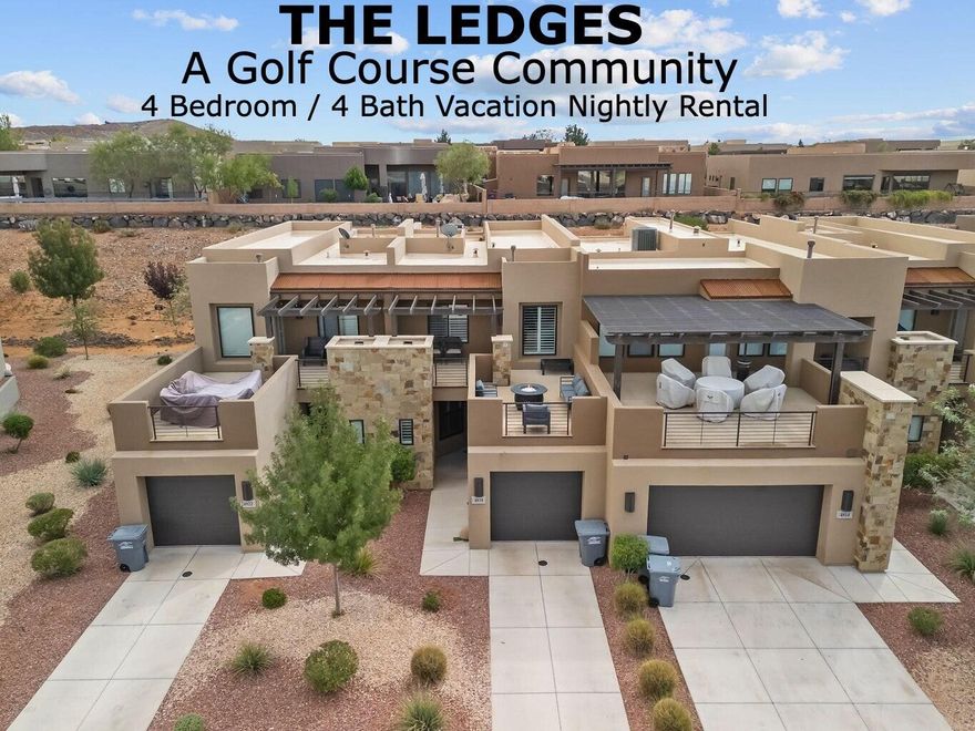 This STUNNING VACATION RENTAL comes FULLY LOADED & located next to SNOW CANYON State Park. This NIGHTLY RENTAL upgrades include: 2nd Family Room/ Game Room, 4 Smart TV's, Video Game Console w/ 100's of games, Loft as a BUNK ROOM w/ private Bathroom, and a SUN DECK w/ firepit and views galore of Pine Mtn and Snow Canyon. The very functional open concept GREAT-ROOM with a split floor plan for privacy. The modern style KITCHEN has a nice ISLAND w/ QUARTZ countertops with tile BACKSPLASH, Stainless Appliances & Pantry.  ALL NEUTRAL paint throughout, gorgeous WOOD PLANK FLOORS, and many WINDOWS to capture the bright open spaces.  The Primary suite is located on the main floor, so NO STAIRS to access and comes w/ WALK-IN CLOSET, WALK-IN shower, DUAL SINKS, and STONE countertops. The 2ND LEVEL has 2 Full Bedrooms & 2 Baths, but the 2nd Familyroom or LOFT/BUNKROOM could be a 4 bedroom (add wall before closing) and has its own bathroom. This Home will comfortably accommodate 10 guests. Full Furniture Package included and it's very nice quality furniture. The current amenities include 2 community pools, 5 pickleball courts, 2 Spas, and very close to hiking Trails, SNOW CANYON state park, Tuacahn Amphitheater and The Ledges Golf Course.